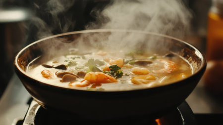 A steaming bowl of Tom Yum soup, filled with shrimp, mushrooms, and fragrant herbs, with a squeeze of lime.の素材