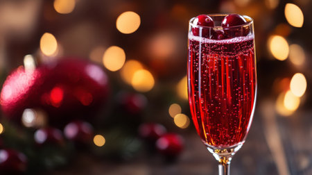A sparkling cranberry mocktail in a champagne flute, with fresh cranberries floating in bubbly liquid, against a holiday-themed background.の素材