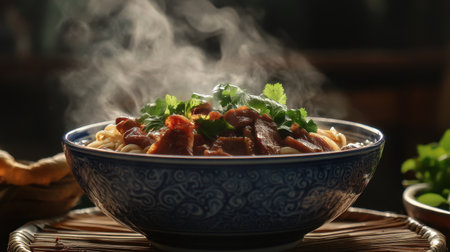 A steaming bowl of Thai boat noodles, served from a street food stall with a variety of meats and fresh herbs.の素材