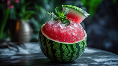 A watermelon mocktail in a hollowed-out watermelon half, filled with crushed ice and topped with a watermelon slice and fresh mint.の素材