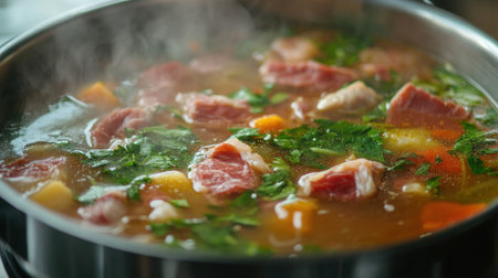 A traditional Thai-style hot pot with meats, vegetables, and herbs simmering in a rich broth, ready for dipping.の素材