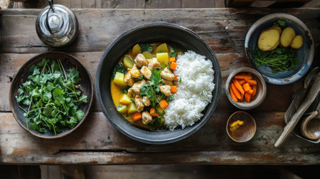 A traditional Thai yellow curry with chicken, potatoes, and carrots, served with steamed rice and fresh herbs.の素材