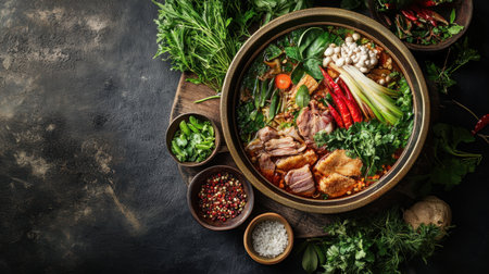 A traditional Thai hot pot with a variety of meats, vegetables, and herbs, simmering in a flavorful broth.の素材