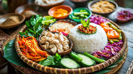 A vibrant green curry with chicken, bamboo shoots, and basil leaves, served with jasmine rice and colorful vegetables on a traditional Thai platter.の素材