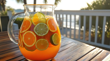 A vibrant citrus punch in a glass pitcher, filled with orange, lemon, and lime slices, sitting on a wooden outdoor table.の素材