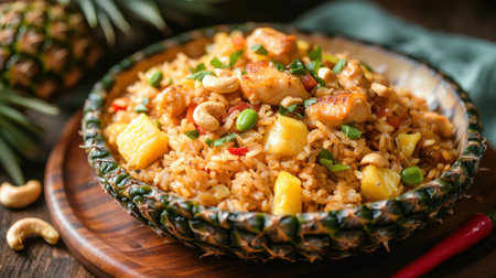 A tropical plate of Thai pineapple fried rice, filled with chicken, cashews, and a hint of sweetness, served in a pineapple shell.の素材