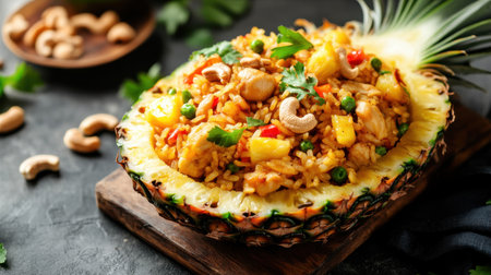 A tropical plate of Thai pineapple fried rice, filled with chicken, cashews, and a hint of sweetness, served in a pineapple shell.の素材