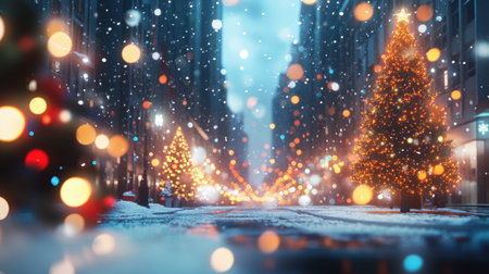 Snow-covered city street on Christmas Eve, with glowing Christmas trees and blurred lights creating a festive, abstract ambiance for the holiday season.の素材