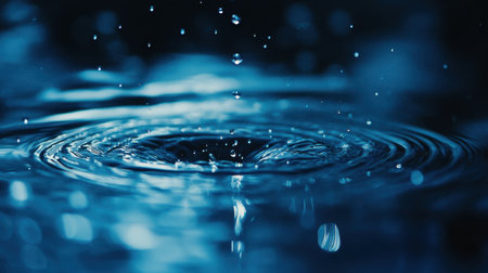 The mesmerizing effect of rain drops falling on blue water, creating gentle ripples that radiate outwards, perfect for nature and water photography.の素材