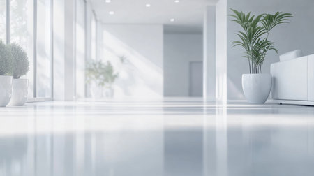 Soft-focus image of a contemporary office interior with white furniture and large open space, ideal for background design and professional themes.の素材