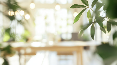Soft blur effect of a modern open-plan office with clean white interiors, desks, chairs, and plants, ideal for a fresh design background.の素材