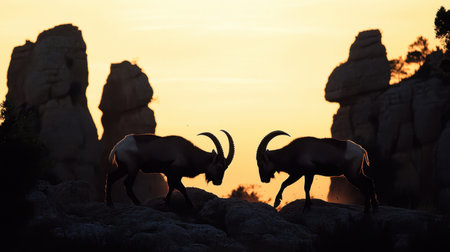 The intense moment when two male ibex collide in a fight for supremacy, their silhouettes framed by the unique rock spires of El Torcal, Malaga.の素材
