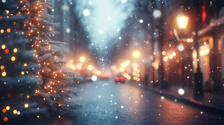 Snow falls gently on a city street on Christmas Eve, with bright trees and blurred lights creating a serene, abstract background for a joyful holiday scene.の素材