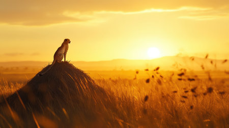 The iconic Serengeti plains coming alive at sunrise, with a cheetah perched on a termite mound, scanning the horizon.の素材