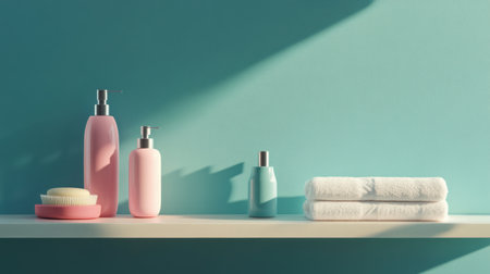 Various bathroom objects arranged on a shelf shampoo, conditioner bottles, and a neatly folded towel.の素材