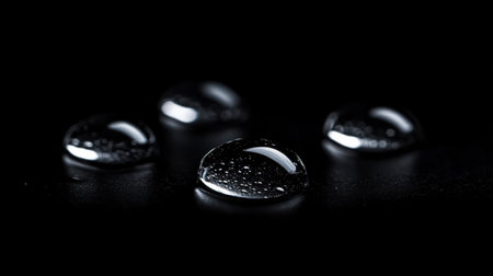 Water droplets resting on a textured black surface, adding a subtle, natural element to the dark backdrop, perfect for high-contrast photography.の素材