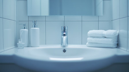 White sink in a brightly lit bathroom with soap, a towel, and disinfectant products neatly arranged for hand hygiene awareness.の素材