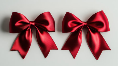 Two beautiful red satin ribbons placed symmetrically on a white surface, showing off their elegant curves and glossy shine, ideal for festive photography.の素材