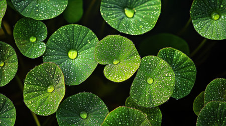 Water droplets on green leaves with a dark background, creating a powerful contrast between natures delicate details and the moody environment.の素材