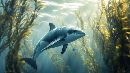 Underwater view of a vaquita among swaying seaweed, blending with its natural marine habitat.の素材