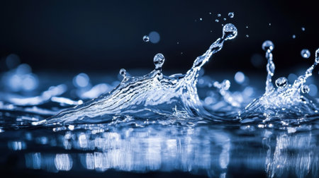 Water splashing on a black background, with droplets forming abstract designs that evoke the clean, fresh essence of water.の素材