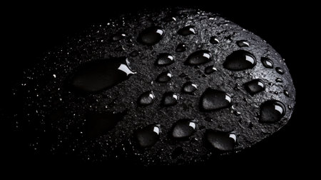 Water droplets resting on a textured black surface, adding a subtle, natural element to the dark backdrop, perfect for high-contrast photography.の素材