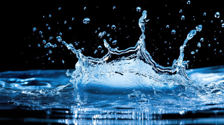 Water splashing on a black background, with droplets forming abstract designs that evoke the clean, fresh essence of water.の素材