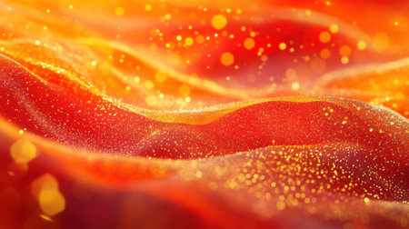 Vibrant red and orange holiday background with glowing golden sparkle dust and shimmering yellow bokeh for a luxurious abstract design.の素材