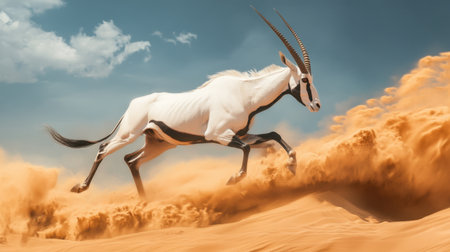 A majestic Arabian oryx leaping gracefully across the sand, its horns curved beautifully against the backdrop of a dramatic desert sky.の素材