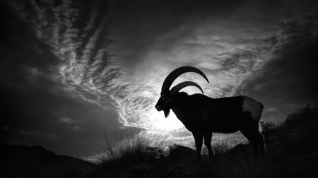 A male Iberian ibex silhouetted against a cloudy sky, highlighting its powerful horns and the rugged Sierra de Gredos terrain.の素材