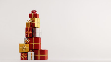 A neatly stacked tower of gift boxes in red, gold, and silver, adorned with ribbons and bows, isolated on a pure white surface.の素材