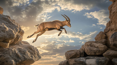 A Nubian ibex leaping gracefully between two rocky ledges in the desert highlands of Ethiopia, framed by a dramatic sky.の素材