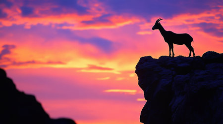 A mountain goat silhouetted against a vibrant sunset sky, perched on the edge of a high cliff.の素材