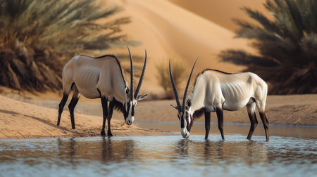 A pair of Arabian oryx standing near a desert oasis, their pristine coats shimmering in the sunlight as they drink from the shallow water.の素材