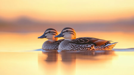 A pair of marbled ducks swimming together at Fuente de Piedra lagoon as the sun dips below the horizon, painting the scene with soft pastels.の素材