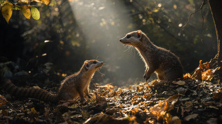 A pair of common mongooses playing on a sunlit forest floor, surrounded by fallen leaves and shrubs.の素材
