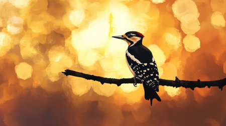A silhouette of a great spotted woodpecker perched on a branch, framed by the golden hues of a sunset.の素材