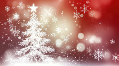 A serene Christmas card with a white Christmas tree and snowflakes, placed on a blurred background that enhances the magical holiday mood.の素材