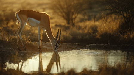 A springbok drinking at a waterhole in the golden hour, with a soft light casting long shadows and highlighting the animals unique features.の素材