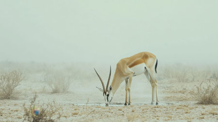 A springbok gracefully bending down to drink from a waterhole in Etosha National Park, surrounded by a dusting of sand and sparse vegetation.の素材