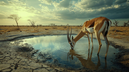 A springbok quenching its thirst from a shallow water source, with dry, cracked earth and distant acacia trees in the Etosha National Park background.の素材