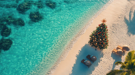A tropical holiday vibe with a Christmas tree on the sand, decorated with coral, shells, and fairy lights, framed by the turquoise waters of the Maldives.の素材