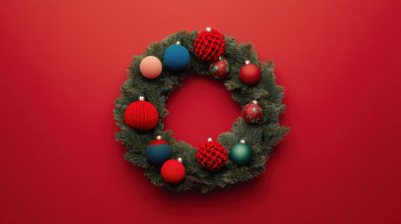 A top view of a round frame made from fir branches and decorated with holiday ornaments on a red backdrop, providing ample room for a Christmas greeting or text.の素材