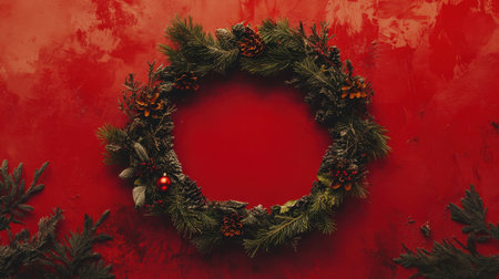 A top-down shot of a circular frame made from fir branches and Christmas decorations on a vibrant red background, with space for adding a holiday message.の素材