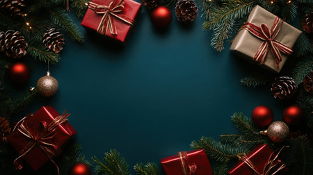A top-down shot of a Christmas flat lay featuring gift boxes, fir branches, and shiny balls, with plenty of room for your own holiday message.の素材