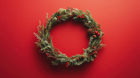 A top-down shot of a circular frame made from fir branches and Christmas decorations on a vibrant red background, with space for adding a holiday message.の素材