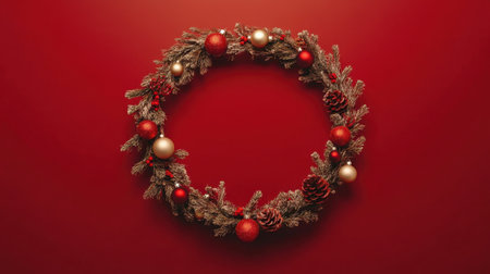A top view of a round frame made from fir branches and decorated with holiday ornaments on a red backdrop, providing ample room for a Christmas greeting or text.の素材