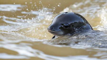 A vaquita calf swims alongside its mother, a rare sight in the dwindling population.の素材