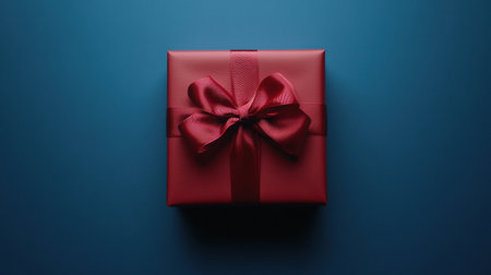 A top view of a beautifully wrapped gift box with a red satin ribbon and bow, placed on a vibrant blue background, perfect for Christmas or birthday celebrations.の素材