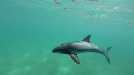 A vaquita swims gracefully in the turquoise waters of the Gulf of California, showcasing its distinct dark eye rings and gentle demeanor.の素材